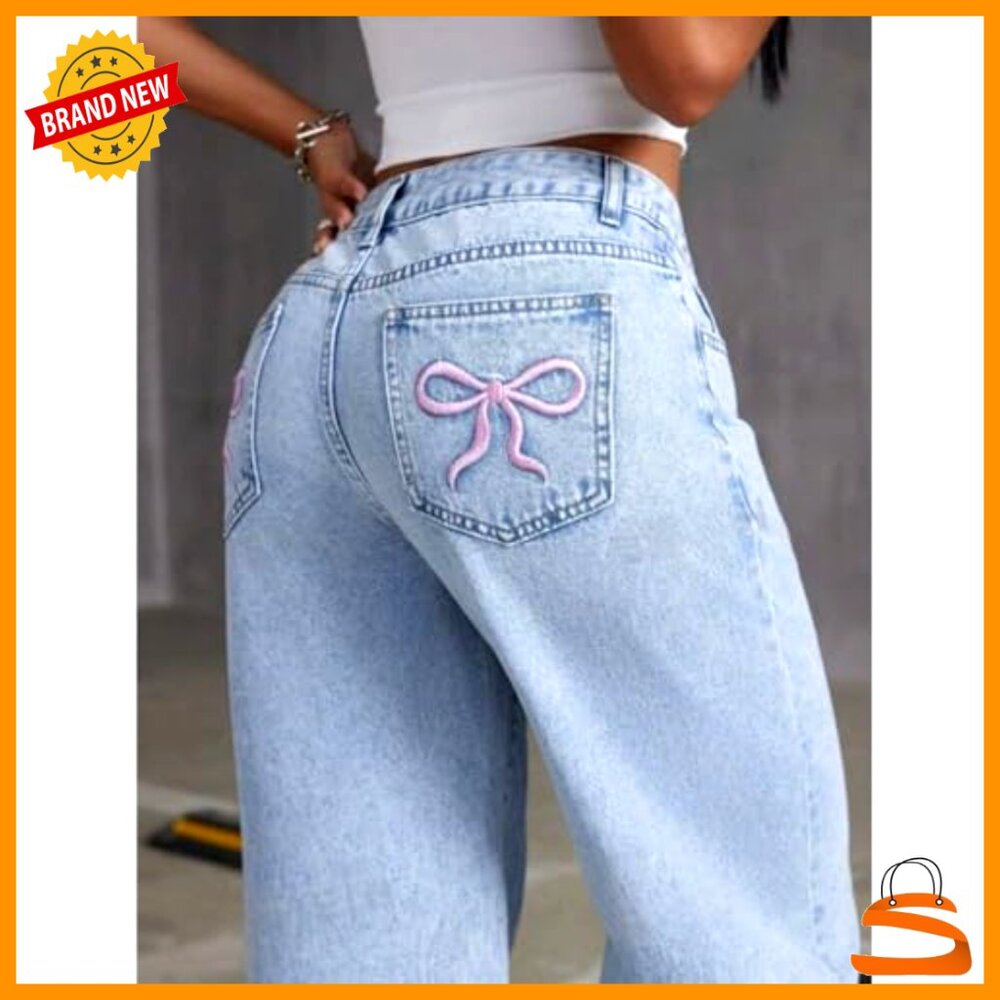 High Waisted Straight Leg Baggy Jeans for Girls Denim Bow Pants - Picture 4 of 6